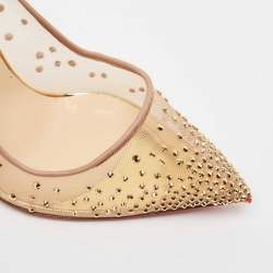 Pre Owned Christian Louboutin Gold Crystal Embellished Leather and Mesh Follies Strass Pumps Size 39