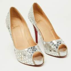 Christian Louboutin Silver Scaled Sequins and Leather Poseidon Pumps Size 38