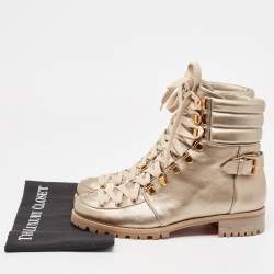 Pre Owned Christian Louboutin Metallic Gold Leather Combat Boots Size 41
