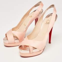 Pre Owned Christian Louboutin Pink Satin Open Toe Platform Slingback Sandals Size 39.5