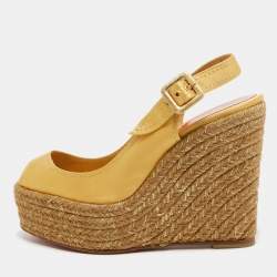 Pre Owned Christian Louboutin Metallic Yellow Satin Menorca Espadrille Wedge Pumps Size 38