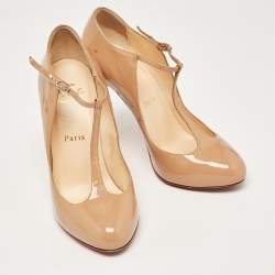Pre Owned Christian Louboutin Beige Patent TPoppins Pumps Size 37.5