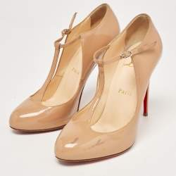 Pre Owned Christian Louboutin Beige Patent TPoppins Pumps Size 37.5
