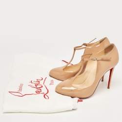 Pre Owned Christian Louboutin Beige Patent TPoppins Pumps Size 37.5