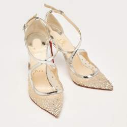 Pre Owned Christian Louboutin Silver Leather and Mesh Twistissima Strass Pumps Size 40.5