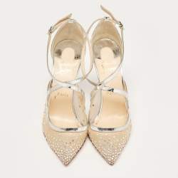 Pre Owned Christian Louboutin Silver Leather and Mesh Twistissima Strass Pumps Size 40.5