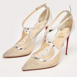 Pre Owned Christian Louboutin Silver Leather and Mesh Twistissima Strass Pumps Size 40.5