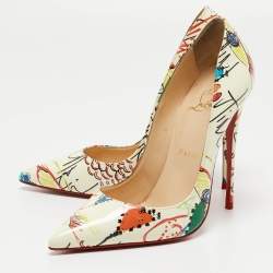 Pre Owned Christian Louboutin Cream Printed Patent Leather So Kate Pumps Size 37