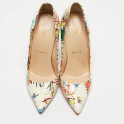 Pre Owned Christian Louboutin Cream Printed Patent Leather So Kate Pumps Size 37
