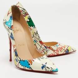 Pre Owned Christian Louboutin Cream Printed Patent Leather So Kate Pumps Size 37