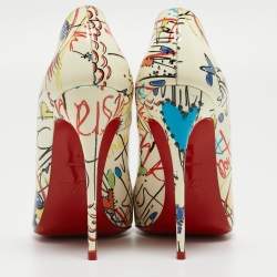 Pre Owned Christian Louboutin Cream Printed Patent Leather So Kate Pumps Size 37