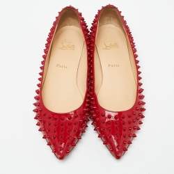 Pre Owned Christian Louboutin Red Patent Leather Pigalle Spikes Ballet Flats Size 41.5 