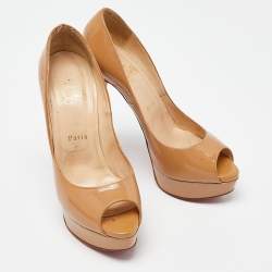 Christian Louboutin Beige Patent Leather Lady Peep Pumps Size 38.5