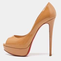 Christian Louboutin Beige Patent Leather Lady Peep Pumps Size 38.5