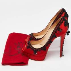 Christian Louboutin Red/Black Satin Torero Peep Toe Platform Pumps Size 40