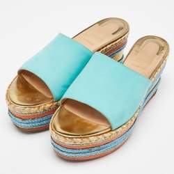 Christian Louboutin Turquoise Nubuck Leather Myriama Platform Slide Sandals Size 41