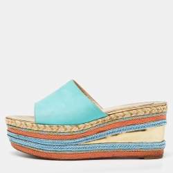 Pre Owned Christian Louboutin Turquoise Nubuck Leather Myriama Platform Slide Sandals Size 41