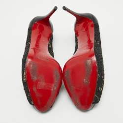 Pre Owned Christian Louboutin Black Lace and Leather Very Lace Peep Toe Pumps Size 37