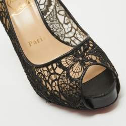 Pre Owned Christian Louboutin Black Lace and Leather Very Lace Peep Toe Pumps Size 37