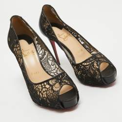 Pre Owned Christian Louboutin Black Lace and Leather Very Lace Peep Toe Pumps Size 37