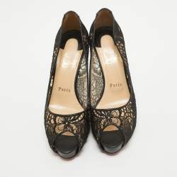 Pre Owned Christian Louboutin Black Lace and Leather Very Lace Peep Toe Pumps Size 37