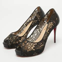 Pre Owned Christian Louboutin Black Lace and Leather Very Lace Peep Toe Pumps Size 37
