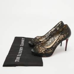 Pre Owned Christian Louboutin Black Lace and Leather Very Lace Peep Toe Pumps Size 37