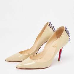 Pre Owned Christian Louboutin Beige Patent Leather Spiked Pumps Size 37