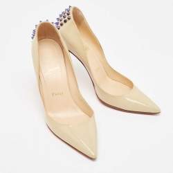 Pre Owned Christian Louboutin Beige Patent Leather Spiked Pumps Size 37