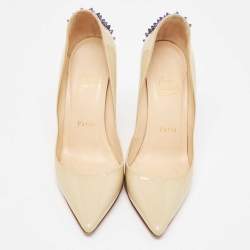 Pre Owned Christian Louboutin Beige Patent Leather Spiked Pumps Size 37