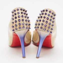 Pre Owned Christian Louboutin Beige Patent Leather Spiked Pumps Size 37