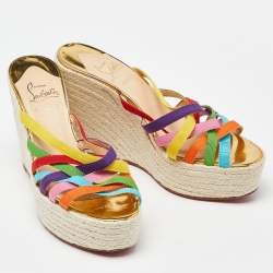 Pre Owned Christian Louboutin Multicolor Fabric Strappy Wedge Espadrille Platform Sandals Size 37
