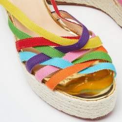Pre Owned Christian Louboutin Multicolor Fabric Strappy Wedge Espadrille Platform Sandals Size 37