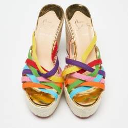 Pre Owned Christian Louboutin Multicolor Fabric Strappy Wedge Espadrille Platform Sandals Size 37