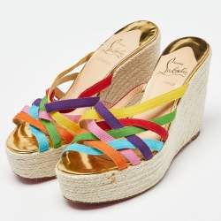 Pre Owned Christian Louboutin Multicolor Fabric Strappy Wedge Espadrille Platform Sandals Size 37