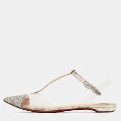 Christian Louboutin Silver/Gold Coarse Glitter and PVC Nosy T-Strap Flats Size 37.5