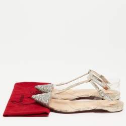 Christian Louboutin Silver/Gold Coarse Glitter and PVC Nosy T-Strap Flats Size 37.5