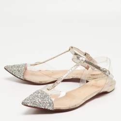 Christian Louboutin Silver/Gold Coarse Glitter and PVC Nosy T-Strap Flats Size 37.5
