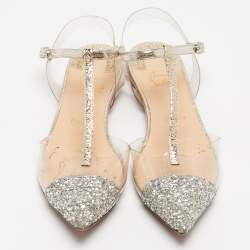Christian Louboutin Silver/Gold Coarse Glitter and PVC Nosy T-Strap Flats Size 37.5