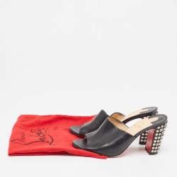 Pre Owned Christian Louboutin Black Leather Spikes Block Heel Slide Sandals Size 37.5