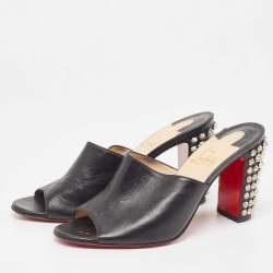 Pre Owned Christian Louboutin Black Leather Spikes Block Heel Slide Sandals Size 37.5