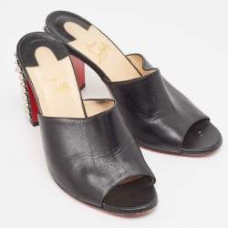 Pre Owned Christian Louboutin Black Leather Spikes Block Heel Slide Sandals Size 37.5