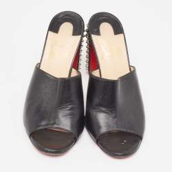 Pre Owned Christian Louboutin Black Leather Spikes Block Heel Slide Sandals Size 37.5