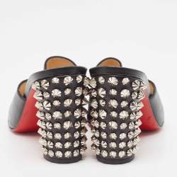 Pre Owned Christian Louboutin Black Leather Spikes Block Heel Slide Sandals Size 37.5