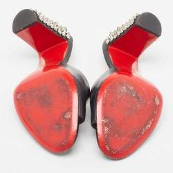 Pre Owned Christian Louboutin Black Leather Spikes Block Heel Slide Sandals Size 37.5