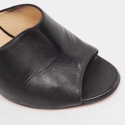 Pre Owned Christian Louboutin Black Leather Spikes Block Heel Slide Sandals Size 37.5