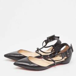 Pre Owned Christian Louboutin Black Leather Suzanna Ankle Strap Flats Size 37.5