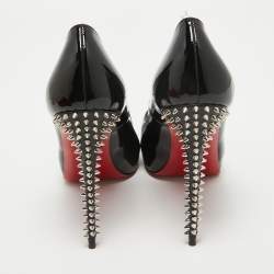 Pre Owned Christian Louboutin Black Patent Leather Spikes Peep Toe Platform Pumps Size 38.5