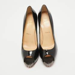 Pre Owned Christian Louboutin Black Patent Leather Spikes Peep Toe Platform Pumps Size 38.5