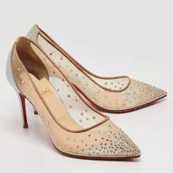 مملوكة مسبقًا Christian Louboutin Beige/Silver Mesh and Glitter Follies Strass Pumps Size 37